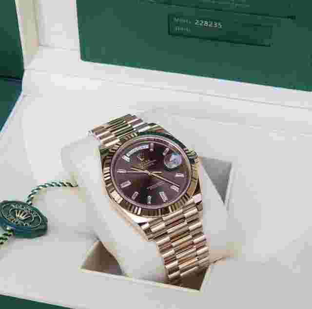 Rolex Day-Date 40
                           
                                 2023 40mm Day-Date 18k Everose Chocolate Baguette Diamond Dial Unworn "In stock"