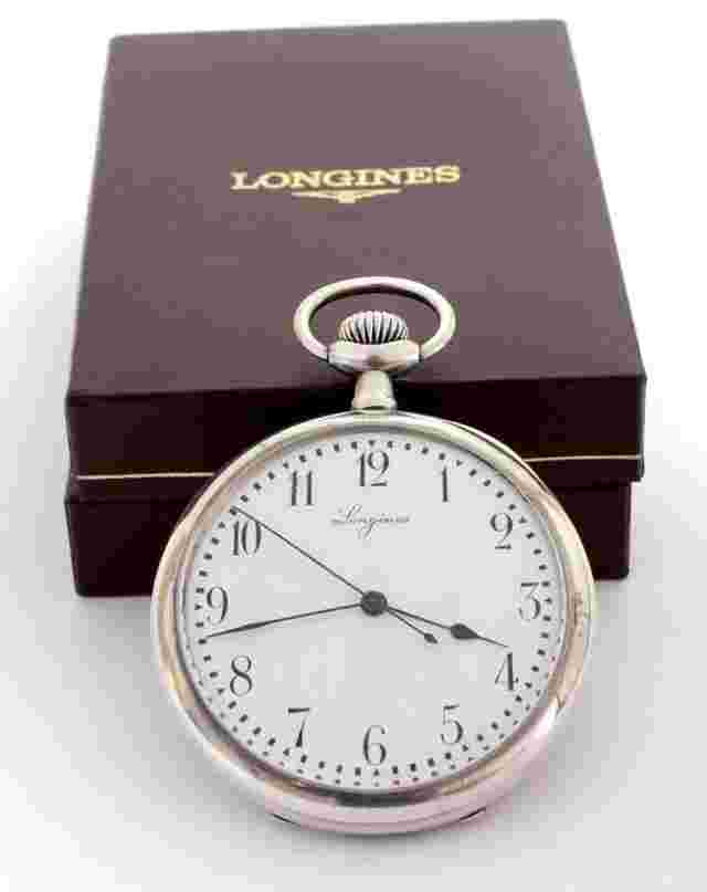Unique LONGINES Kaliber 18,89 Silber TASCHENUHR , 4 Grands Prix Sehr selten mit Zentralsekunde 1903