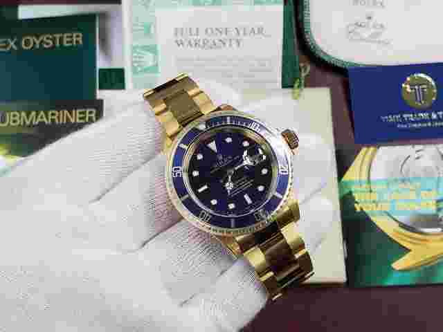 Rolex Oyster Perpetual Submariner Date 300M Blue Purple Dial 18k Solid Gold 16618 UNPOLISHED 1 Owner Full Set