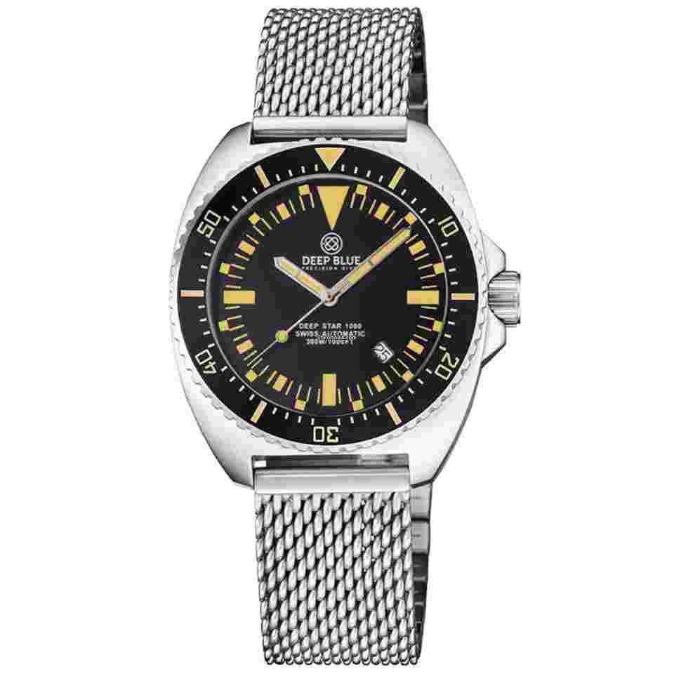 Deep Blue
Star 1000 Vintage Swiss Automatic Men's Diver Watch Black Ceramic Bezel/Mesh Bracelet