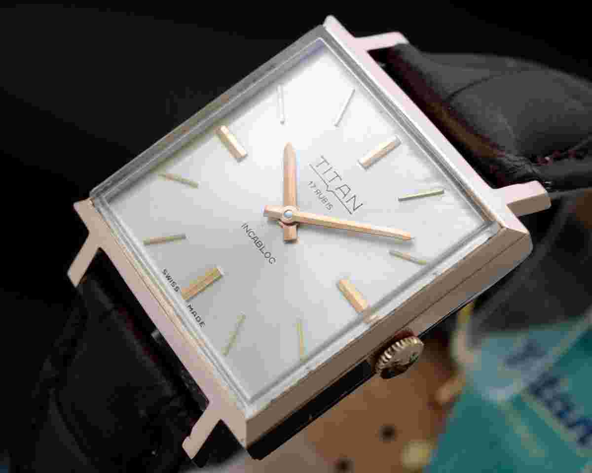 Titan New Old Stock 60's square mechanical vintage watch NOS with original hang tag and strap 
