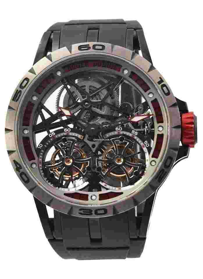 Roger Dubuis Excalibur
                           
                                 Spider Skeleton Double Flying Tourbillon 47mm in Titanium with Black DLC Coating on Black Rubber Strap with Skeleton Dial - Limited Edition of 188 Pieces