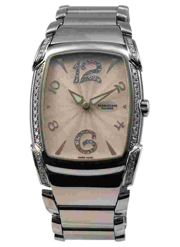 Parmigiani Fleurier Kalpa
                           
                                 Donna 34.8mm Quartz in Steel with Diamond Bezel on Steel Bracelet with Ivory Sunray Guilloche Diamond Dial