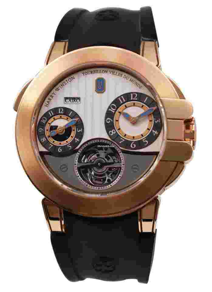 Harry Winston Ocean
                           
                                 GMT Tourbillion World Time in Rose Gold on Strap with Silver Dial
