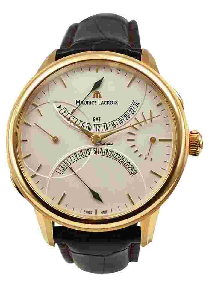 Maurice Lacroix Masterpiece
                           
                                 Double Retrograde in Rose Gold on Black Alligator Leather Strap with Silver Dial