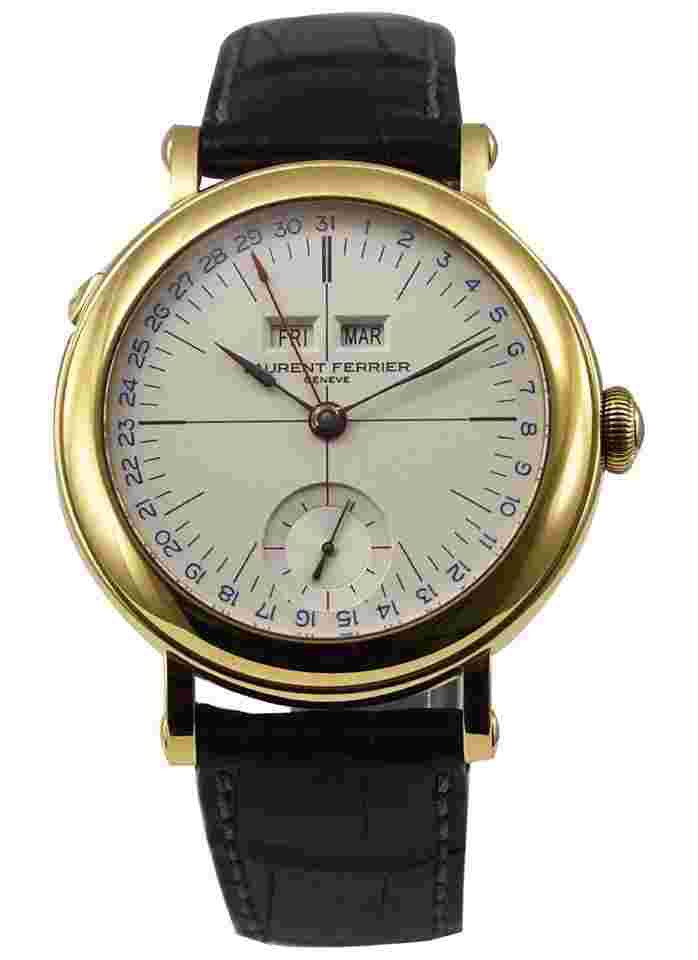 Laurent Ferrier Galet Annual Calendar Montre Ecole in Yellow Gold on Black Crocodile Leather Strap with Silver Dial