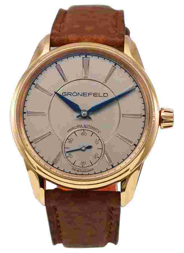 Gronefeld 1941 Principia Automatic in Rose Gold w Rhodium Grey Dial on Brown Crocodile Leather Strap