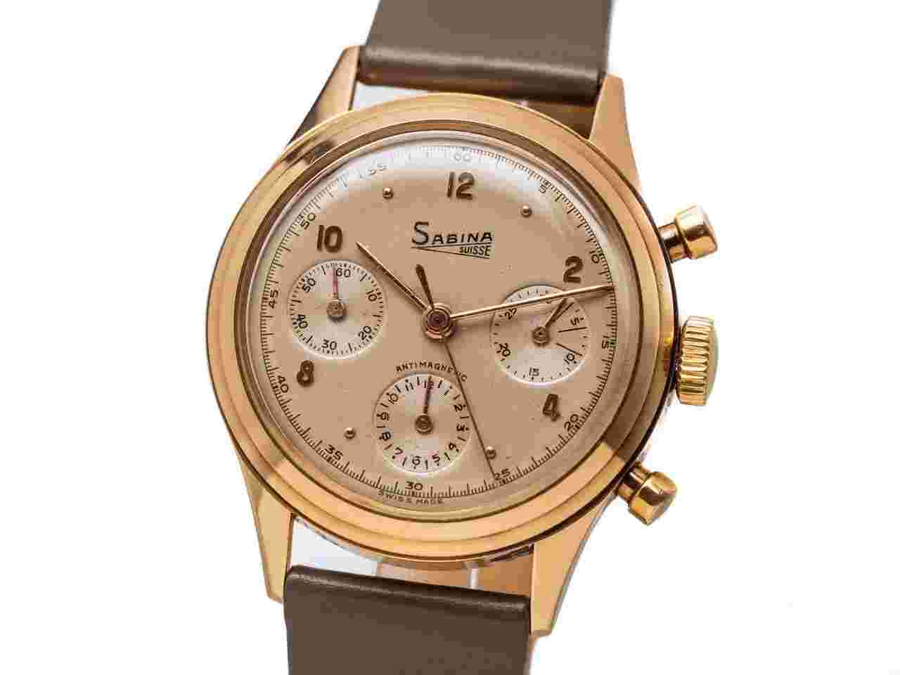 SABINA Suisse Vintage CHRONOGRAPH 18k Rose Gold Cal-Valjoux 72 Bj-1965