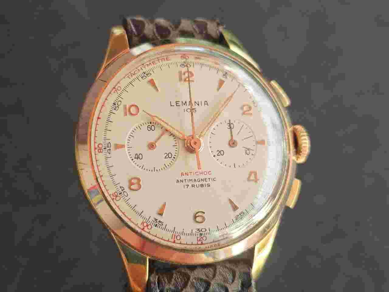 Lemania 105 Chronograph 37 mm 1950s cal.1275 vintage oversize jumbo