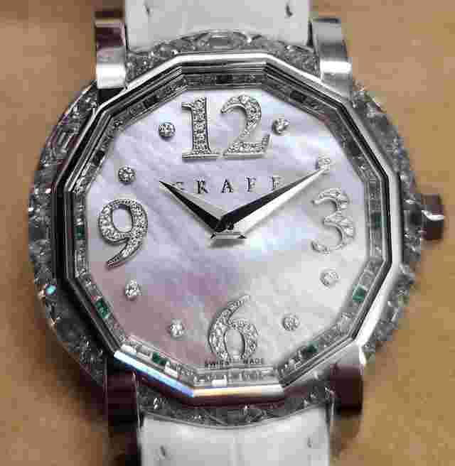 Graf
                           
                                 Chronograph White Gold Pink Mother of Pearl Diamonds and Emeralds NEW UNWORN