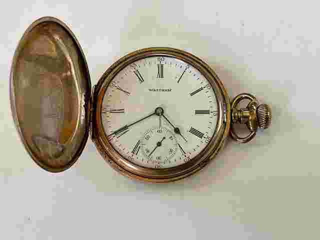 Waltham
                           
                                 Traveler Gold Capped Hunter Case Savonette Antique Pocket Watch Porcelain Dial 17J USA