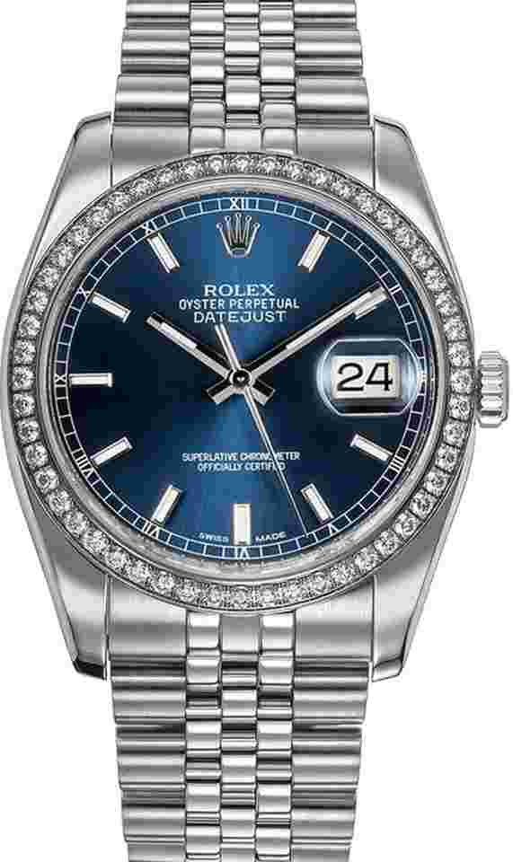 Rolex Datejust 36
Stainless Steel Factory Diamond Bezel & Blue Index Dial on Jubilee Bracelet 116244