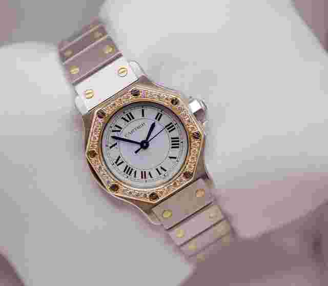 Cartier Santos
                           
                                 Octagon 25mm Custom Diamond Bezel White Dial Two Tone 18kt Gold Watch