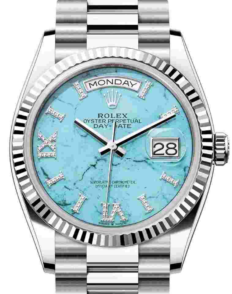 Rolex Day-Date 36
36mm Turquoise Diamond Dial White Gold Bracelet 128239 Unworn 2023