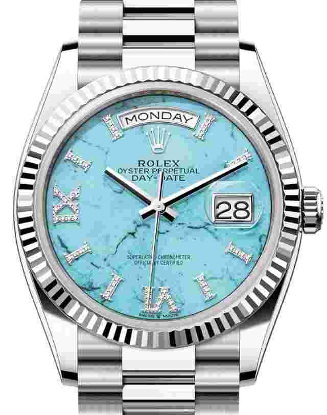 Rolex Day-Date 36
                           
                                 36mm Turquoise Diamond Dial White Gold Bracelet 128239 Unworn 2023