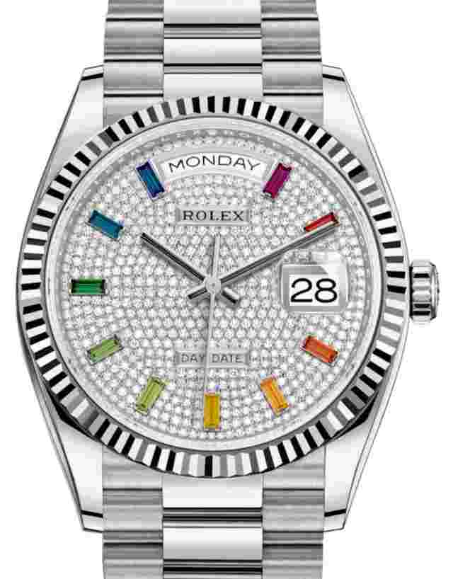Rolex Day-Date 36
                           
                                 128239 36mm White Gold Pave Rainbow Dial Unworn 2023