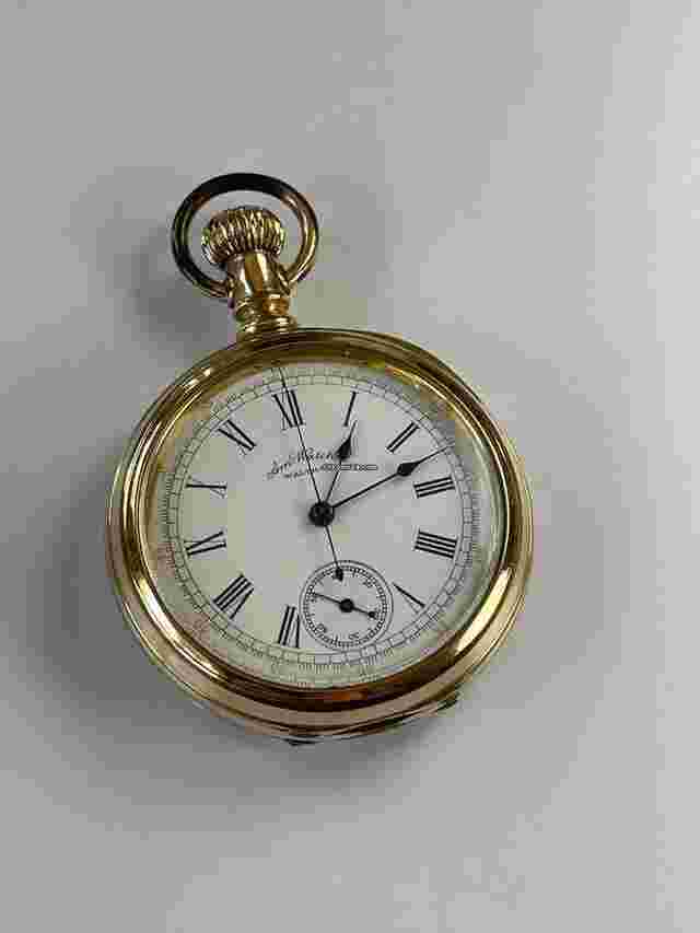 Waltham
                           
                                 Chronograph Housed Pristine Pocket Watch Gold Capped White Porcelain Dial Antique USA