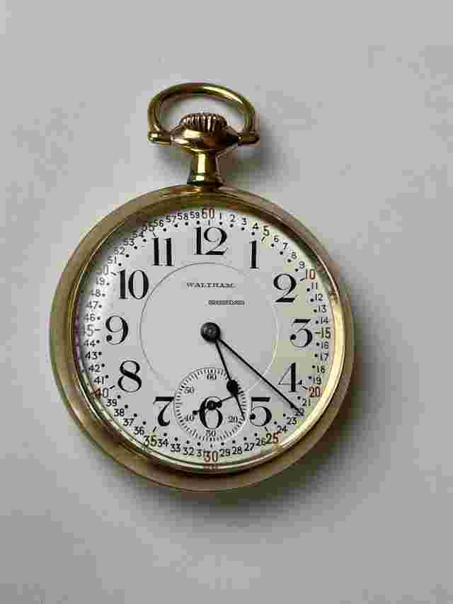 Waltham
                           
                                 Railroad Gold Capped Porcelain Montgomery 3D Dial Screw Down Back Antique Pocket Watch USA