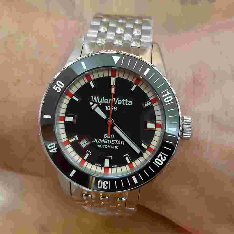 Wyler Vetta Jumbostar Diver 660 43mm Automatic Black Dial Steel Bracelet + Leather Strap