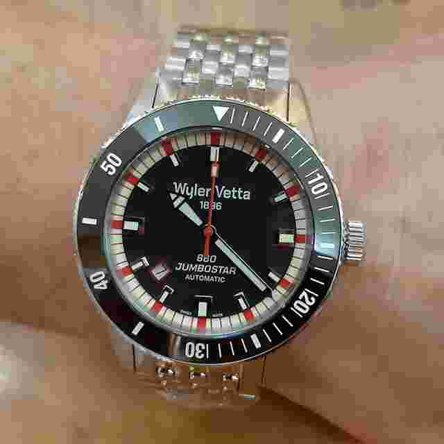 Wyler Vetta Jumbostar Diver 660 43mm Automatic Black Dial Steel Bracelet + Leather Strap