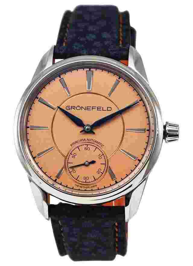 Gronefeld 1941 Principia Automatic in Steel on Blue Leather Strap with Salmon Dial