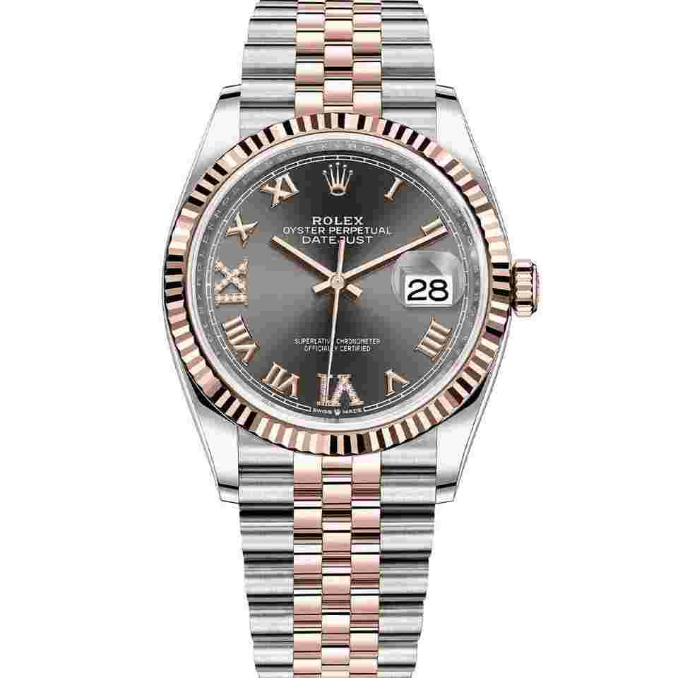 Rolex Datejust 36
36mm 126231 Two-Tone Rose Gold Fluted Bezel Grey Roman Diamond Dial Jubilee