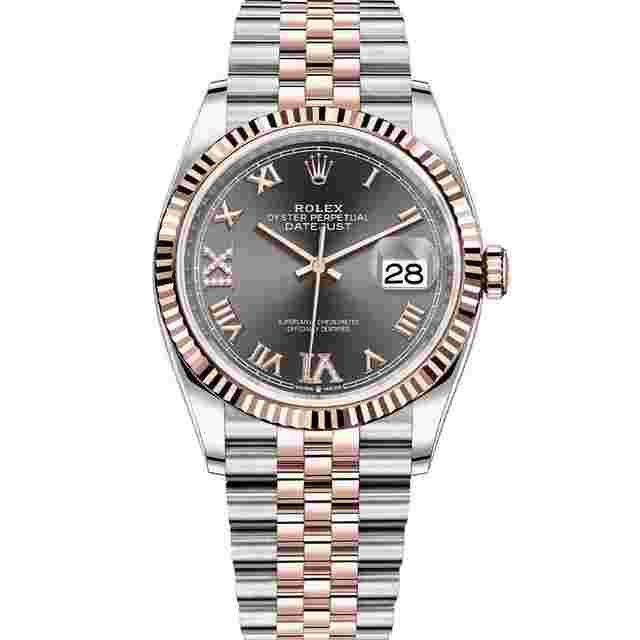 Rolex Datejust 36
                           
                                 36mm 126231 Two-Tone Rose Gold Fluted Bezel Grey Roman Diamond Dial Jubilee