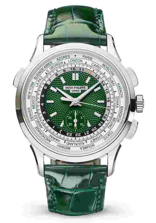 Patek Philippe World Time Chronograph
                           
                                 Flyback Chronograph Platinum Green "Vert" Novelty Edition Hand-Guilloched Dial
