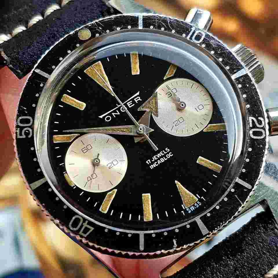 Onger Broad Arrow Vintage Watch 38mm Chronograph Skin Diver 200mt/20ATU Landeron 248 