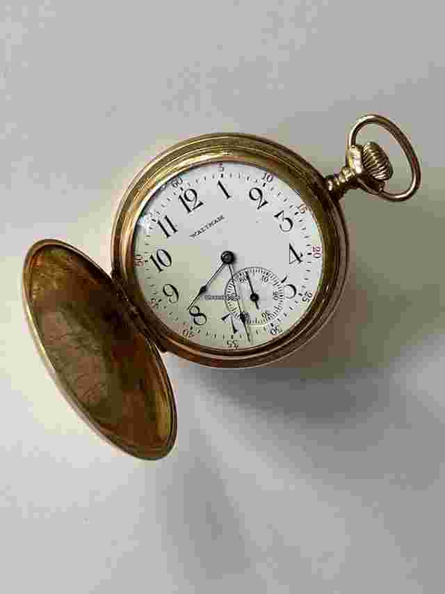 Waltham
                           
                                 Railroad Doctors 14K GF Hunter Case Savonette Antique Pocket Watch Porcelain Dial USA
