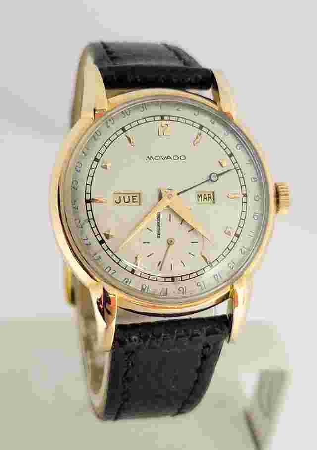 Movado
                           
                                 Vintage 18k Rose Gold MOVADO Triple Calendar Winding Mens Watch 1950s R4862 RARE