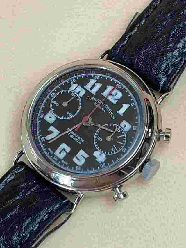 Cuervo y Sobrinos
                           
                                 Military Officers Chronograph 2Registers Black Dial StainlessSteel Original Box Swiss Made