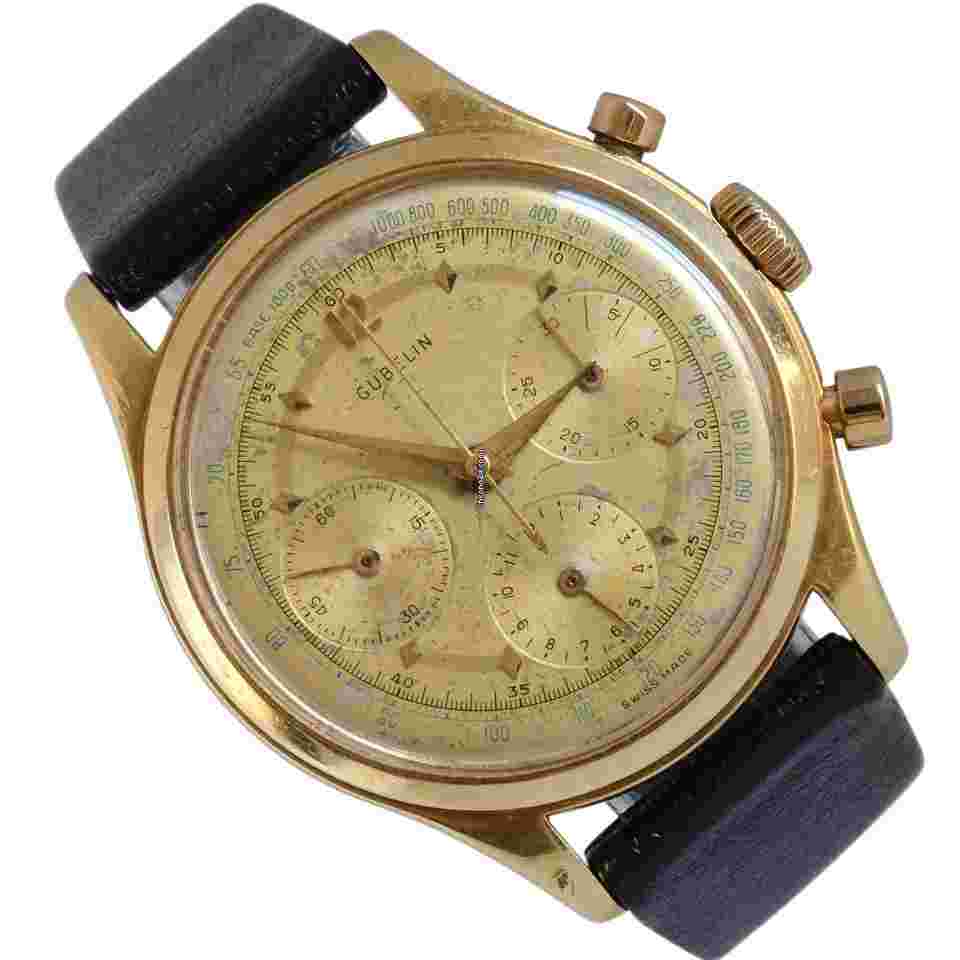 Gübelin Chronograph Jumbo champagne dial valjoux 72 yellow gold 18KT 1950’s