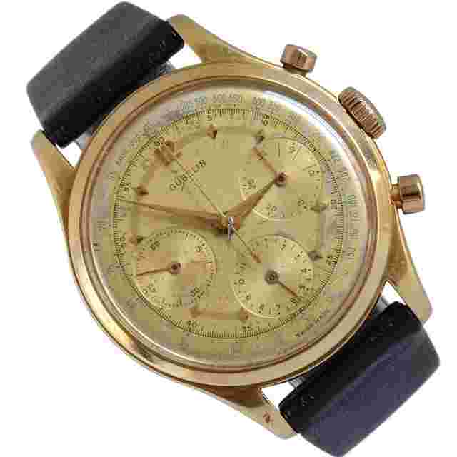 Gübelin Chronograph Jumbo champagne dial valjoux 72 yellow gold 18KT 1950’s