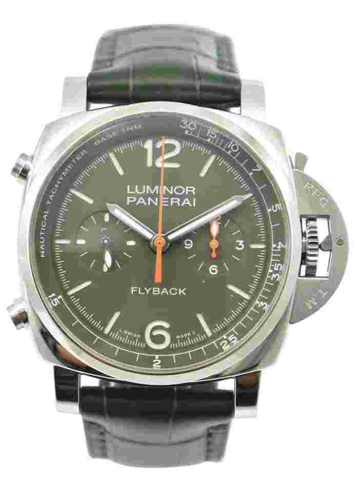 Panerai Luminor Marina Automatic
PAM 1296 - Luminor Chronograph Flyback Verde Militare in Stainless Steel on Green Leather Strap with Green Dial