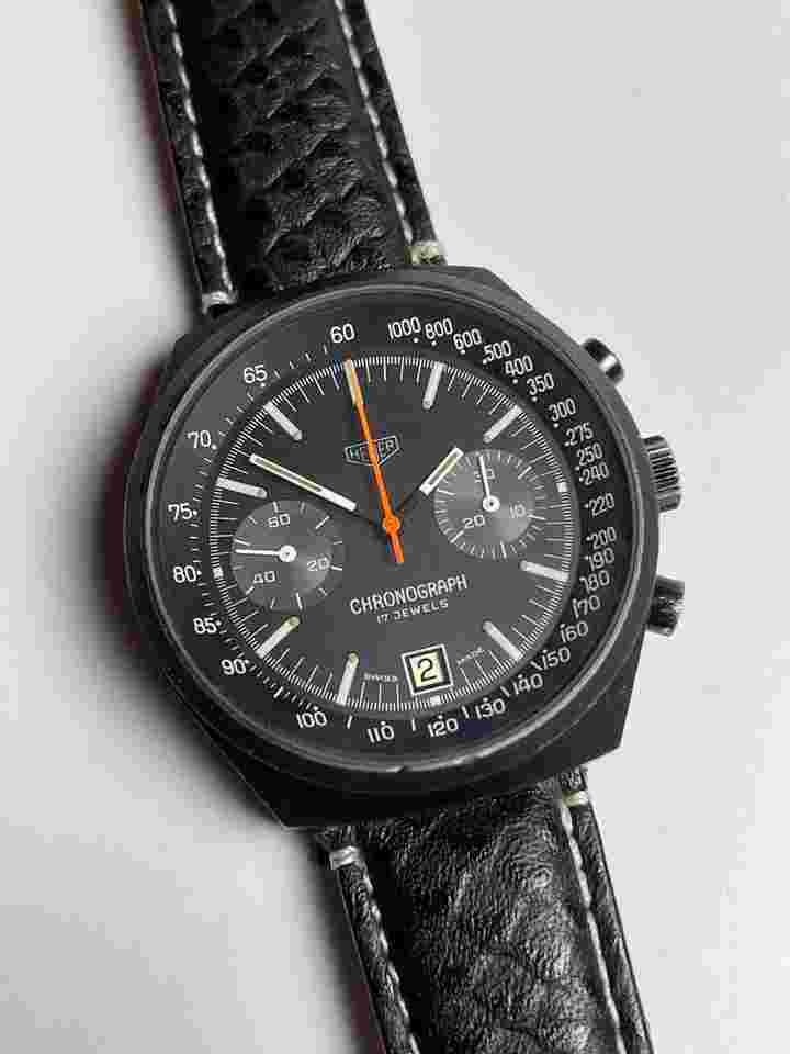 Heuer
ED HEUER Chronograph Calendar Date Valjoux 7734 Black Dial PVD Coating Vintage Swiss Made