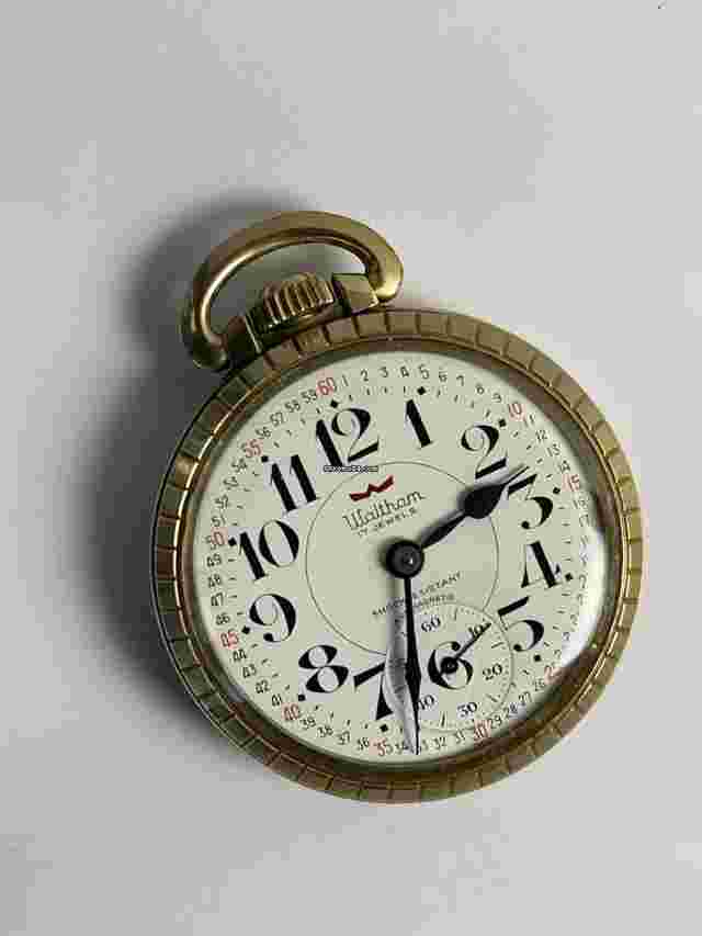 Waltham
                           
                                 Railroad 10K Gold RGP Porcelain Montgomery Dial Screw Down Back Vintage Pocket Watch Swiss