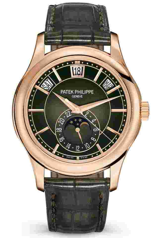 Patek Philippe Annual Calendar
                           
                                 Complications Annual Calendar Rose Gold Olive Green Alligator Men’s Watch 5205R-011