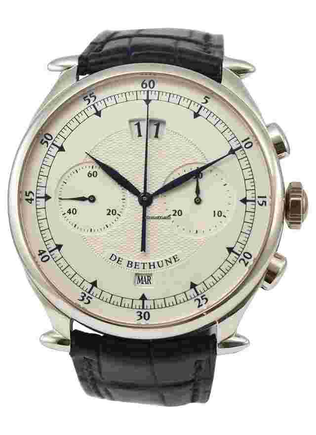 De Bethune
                           
                                 DB12 Chronograph Big Date Calendar in White Gold on Black Leather Strap with Deployant Buckle and White Dial