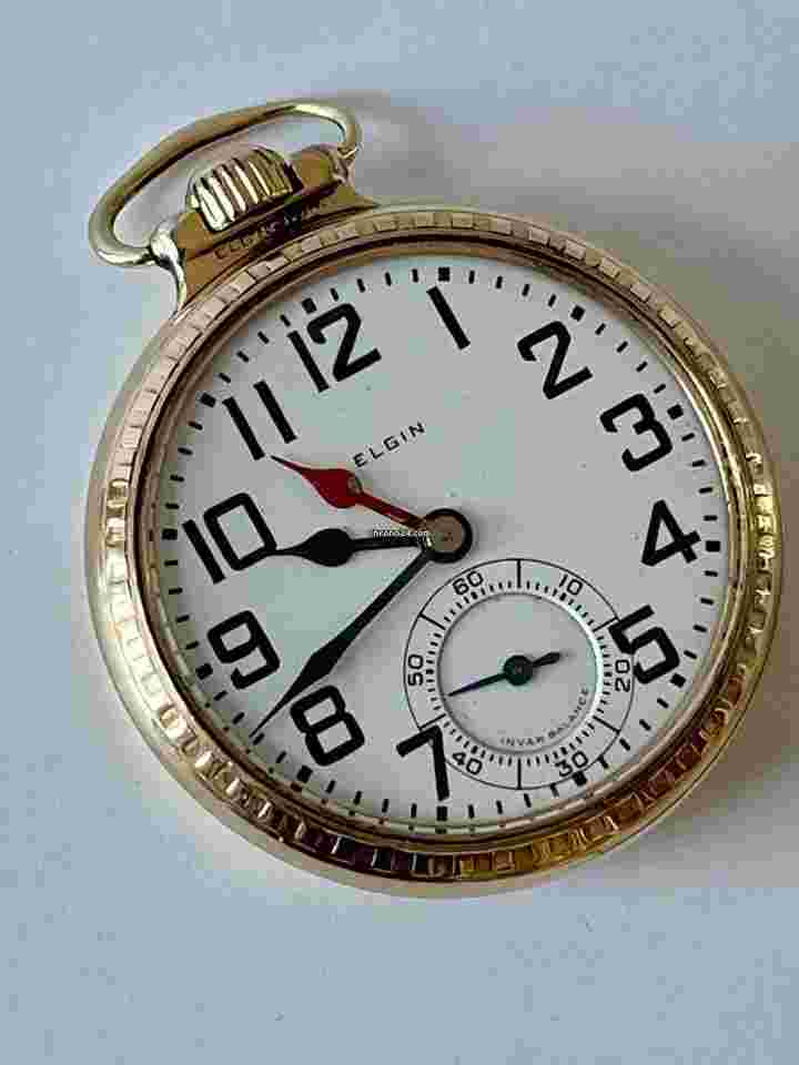 Elgin
                           
                                 Railway Military Dual Time14K GoldFilled Antique Pocket Watch PorcelainDial Invar Balance