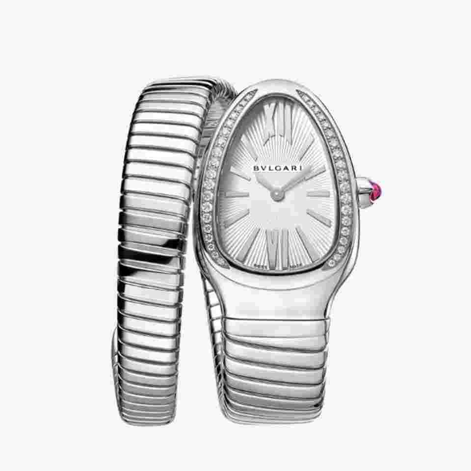 Bulgari Serpenti
                           
                                 Tubogas L Watch 35mm Stainless Steel Diamond Case Silver Dial Single Spiral