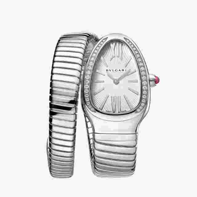 Bulgari Serpenti
                           
                                 Tubogas L Watch 35mm Stainless Steel Diamond Case Silver Dial Single Spiral