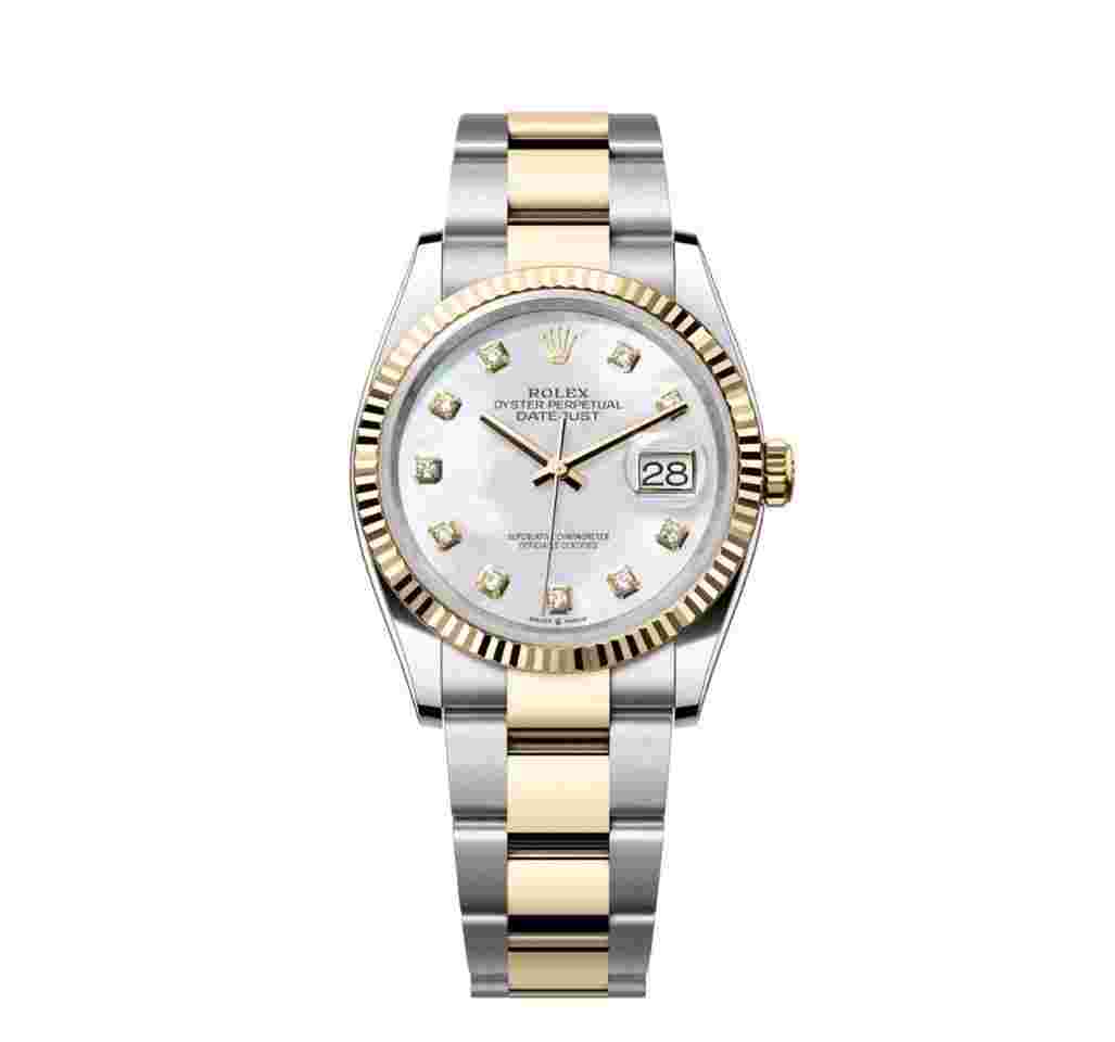 Rolex Datejust 36
NEW 2024 Mother of Pearl Diamond Dial Two Tone Yellow Gold Oyster Fluted