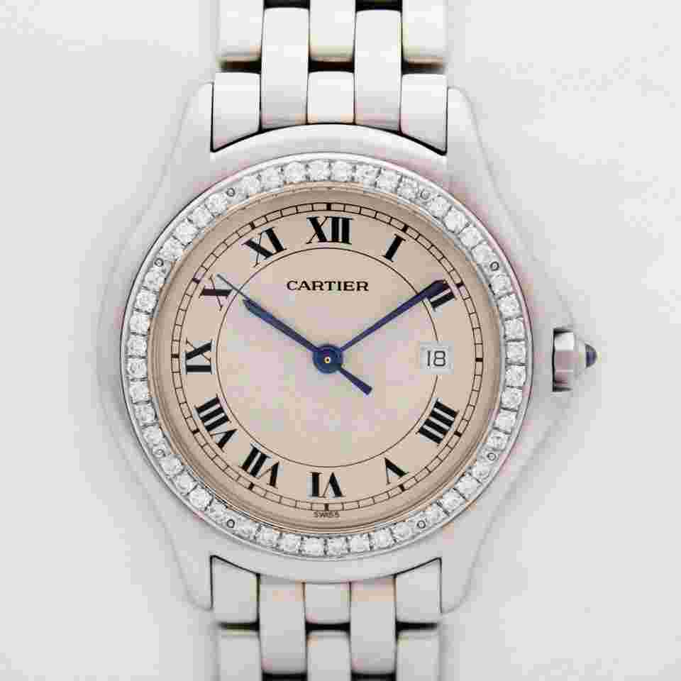 Cartier Cougar
Panthere Cougar 987904C 32mm Steel Band Custom Diamond Bezel Ivory Dial w.B&P