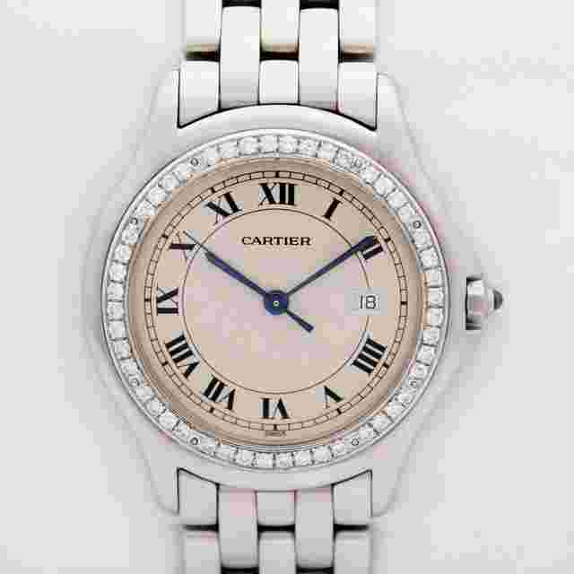 Cartier Cougar
                           
                                 Panthere Cougar 987904C 32mm Steel Band Custom Diamond Bezel Ivory Dial w.B&P
