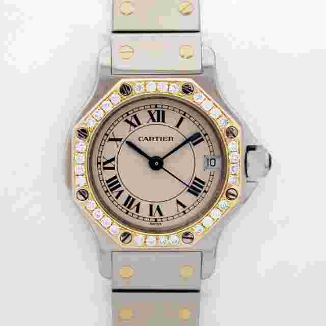 Cartier Santos
                           
                                 Octagon 187903 25mm Custom Diamond Bezel Ivory Dial Two Tone 18kt Gold w.B