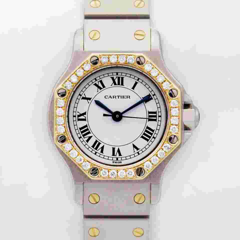 Cartier Santos
Octagon 25mm 0907 Auto Custom Diamond Bezel White Dial T/T 18kt Gold VSF-G