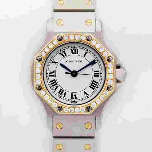 Cartier Santos
                           
                                 Octagon 25mm 0907 Auto Custom Diamond Bezel White Dial T/T 18kt Gold VSF-G
