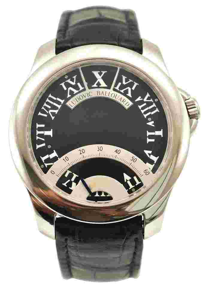 Ludovic Ballouard Half Time in Platinum (Factory Reviewed in July 2018) on Black Alligator Leather Strap with Black Dial and Gold Color Movement