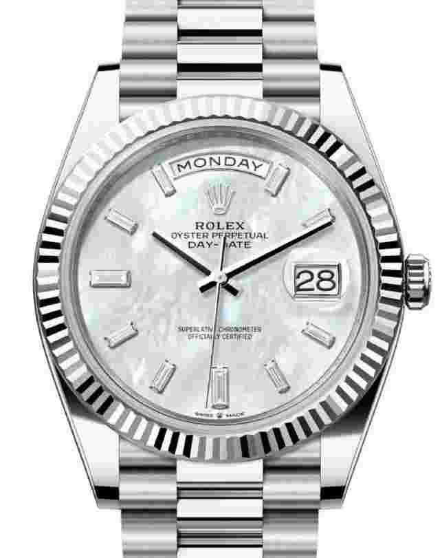 Rolex Day-Date 40
                           
                                 Unworn Day-Date 40mm Mother of Pearl MOP Diamond Dial Platinum 228236 Box & Papers 2024